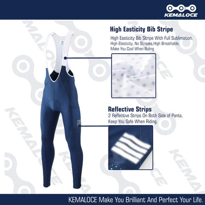 KEMALOCE Men's Cycling Long Pants, Autumn Blue & Grey, Gel Pad, Reflective Bike Bib, Breathable Bicycle Trousers with Rear Pocket
