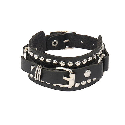 90s Punk Style Bracelet – PU Leather with 3 Rows of Spikes & Square Studs, Fashion Bangle for 2024