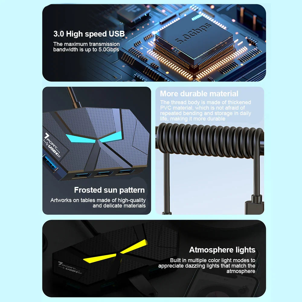 7-Port USB 3.0 Hub Type-C Docking Station — High-Speed 5Gbps Adapter for Laptop, Hard Drive, Mouse & Keyboard