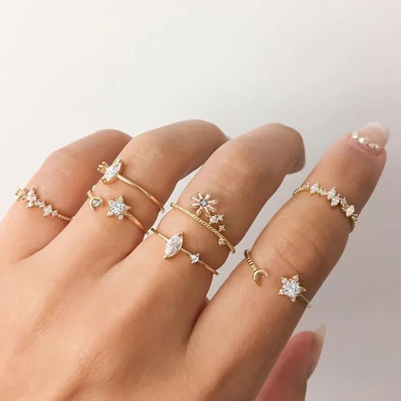 Women’s Silver Crystal Ring Set – Cubic Zirconia Moon, Arrow, Flower & Heart Wedding Fashion Jewelry