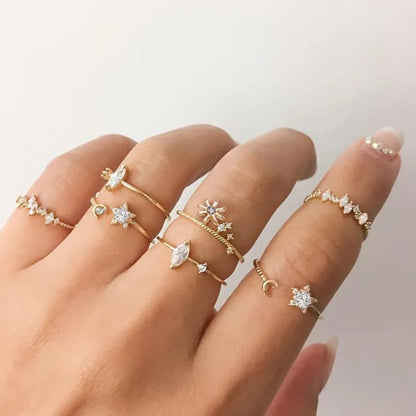 Women’s Silver Crystal Ring Set – Cubic Zirconia Moon, Arrow, Flower & Heart Wedding Fashion Jewelry