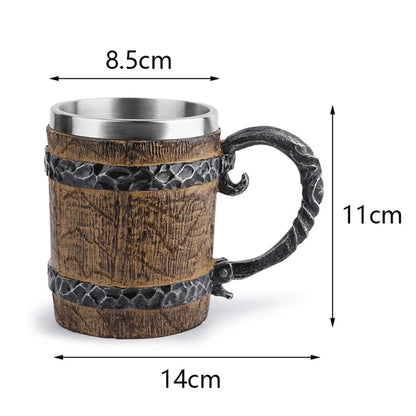 Viking-Style Wooden Beer Mug – Insulated Metal Barrel Cup for Drinks (1PCS)