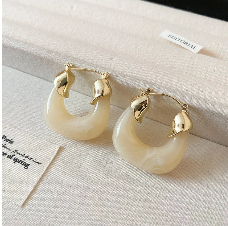 Retro Brown Resin U-Shaped Hoop Earrings — European & American Geometric Earrings for Women, Simple Fashion Jewelry Gift