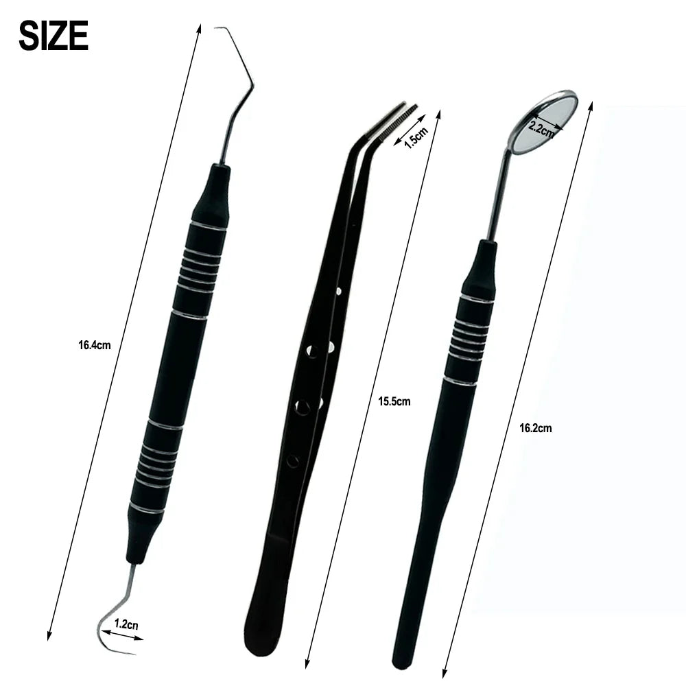 3pcs Dental Mouth Mirror Tweezers & Curved Probe Kit – Stainless Steel Oral Cleaning Instruments