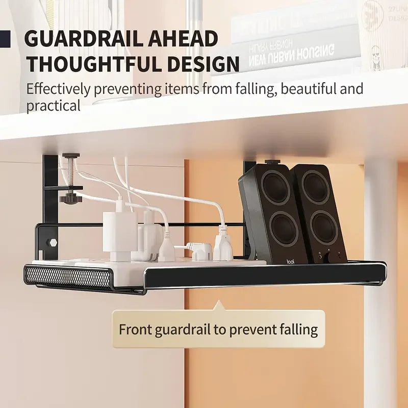 Under Table Storage Rack – Metal Cable Organizer & Office Supplies Holder, Sturdy Durable Plug-in Desk Storage Solution