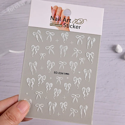5D White Lace Bowknot Nail Art Stickers – Self-Adhesive Pearl Ribbon Luxury Nail Decals for DIY Manicure Decoration