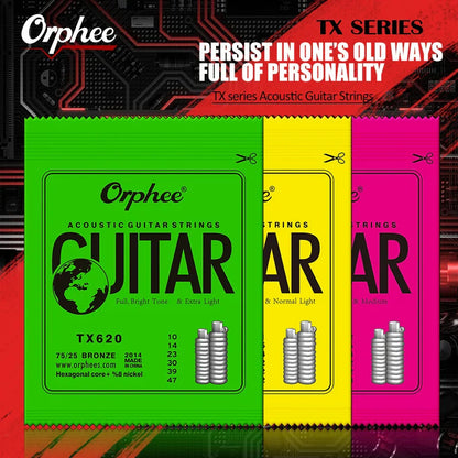 Orphee Acoustic Guitar Strings – 6Pcs/Set, Hexagonal Core, Full Bright Tone, TX620/TX630/TX640, Folk Guitar Accessories