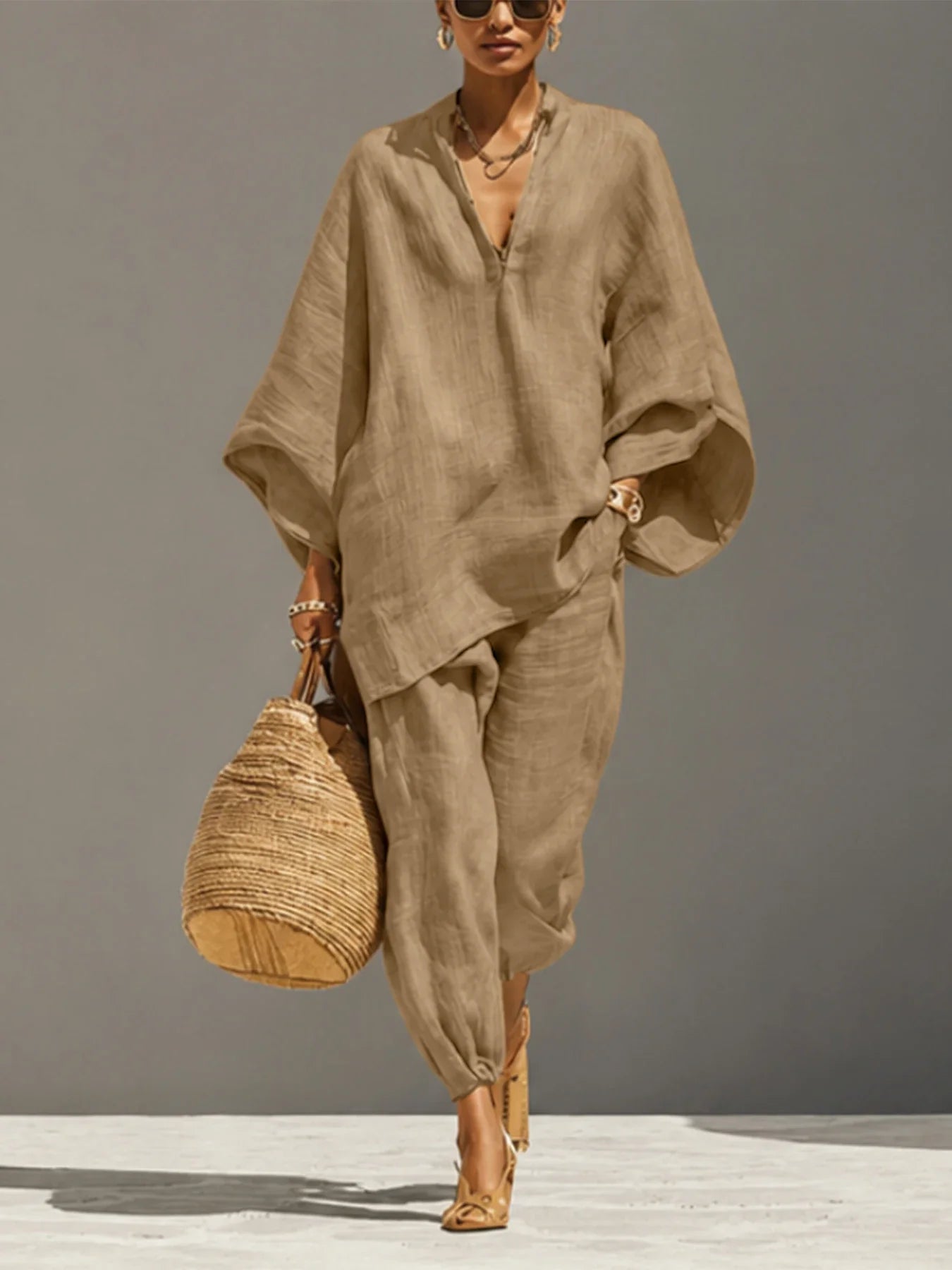 Women’s Linen Casual Set - Summer Loose Deep V-Neck Batwing Sleeve Nine-Piece Solid Color Outfit