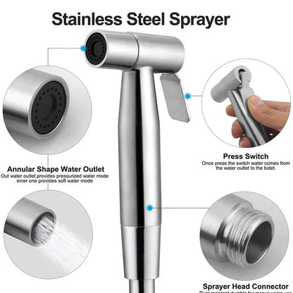 Handheld Stainless Steel Toilet Bidet Sprayer — Bathroom Hand Sprayer Shower Head with Self-Cleaning, No-Punch Installation