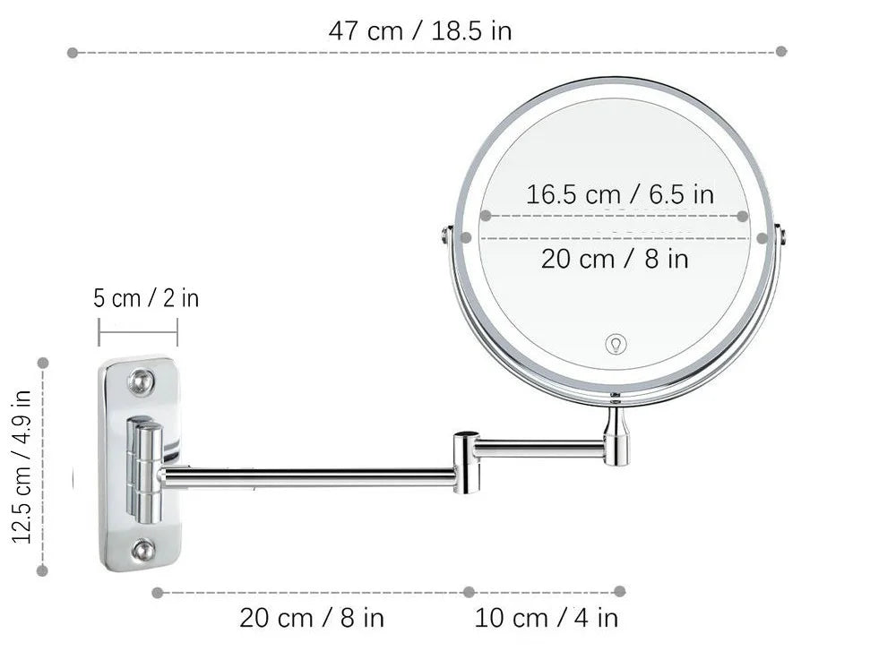 8-Inch Double-Sided LED Makeup Mirror - 10X Magnification, 360° Rotating, Wall Mounted, Foldable Vanity Mirror