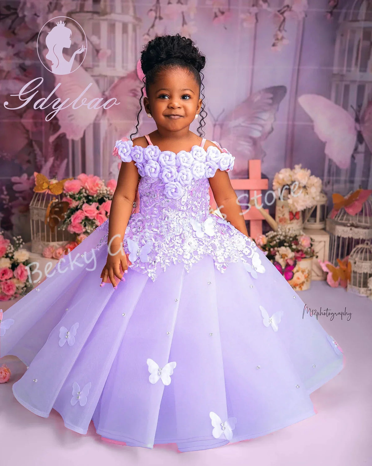 Flower Girl Wedding Dress - Pink Applique Butterfly & Pearl Party Gown