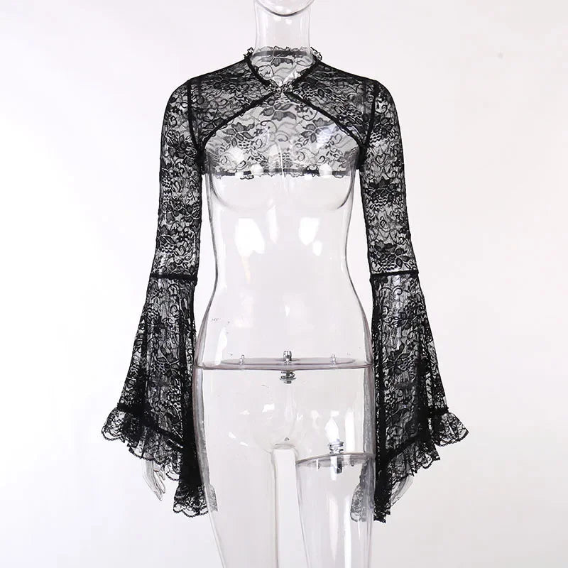 Lace Gothic See-Through Shrug Top – Black Flare Sleeve Crop Top, Vintage Punk Style for Women
