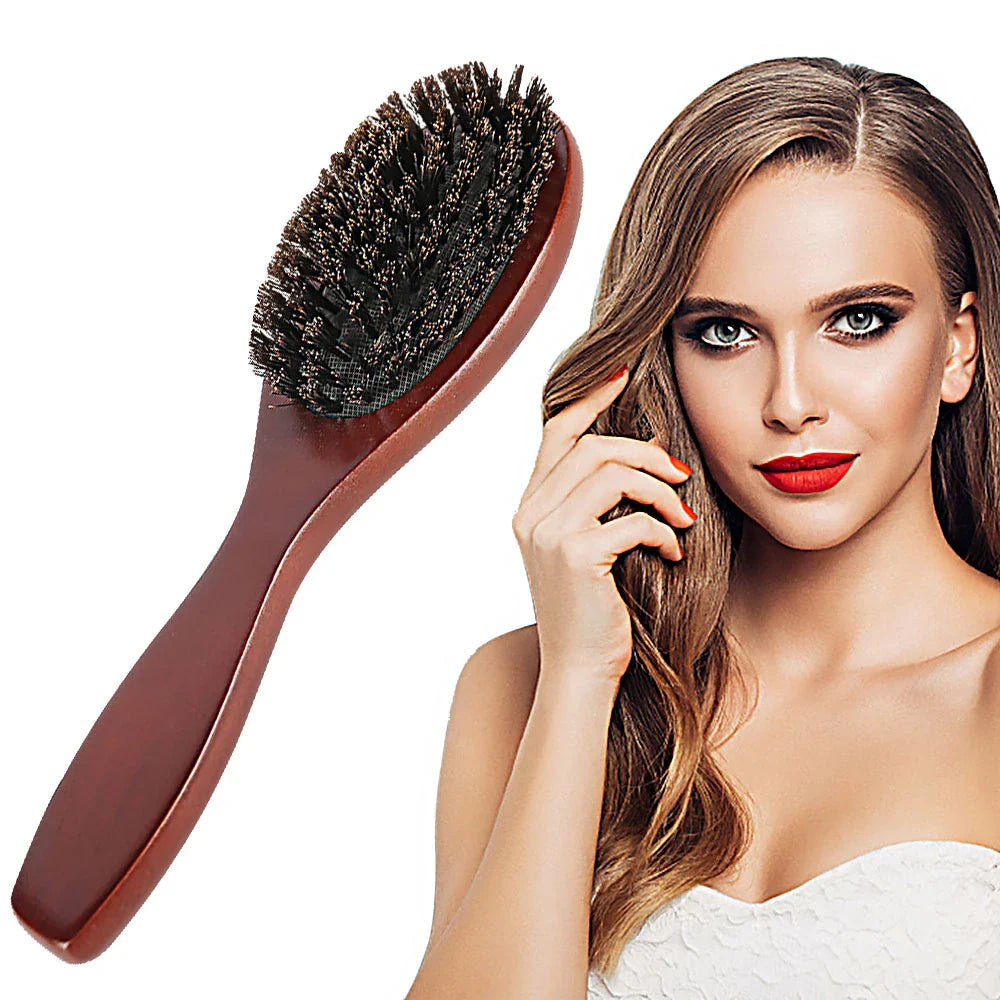 Natural Boar Bristle Hair Brush — Anti-Static Wooden Oval Comb for Women’s Hair Styling