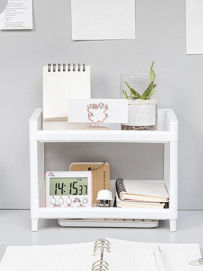 PP Desktop Double Layer Storage Rack: Rectangular White Organizer for Student Desks, Offices, Cosmetics, and Stationery