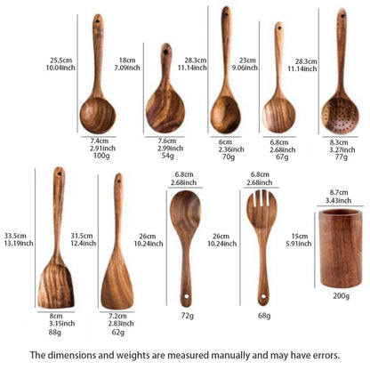 Wood Kitchenware Cooking Set – Spatula, Salad Spoon, Fork & Stirring Spoons with Storage Bucket for Kitchen & Baking