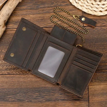 Men's Genuine Leather Short Wallet with Chain – Zipper Clutch, Trifold Purse, Card Holder & Coin Purse for Men