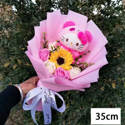 Hello Kitty Plush Bouquet — Anime Rose Soap Flowers for Wedding & Home Decor