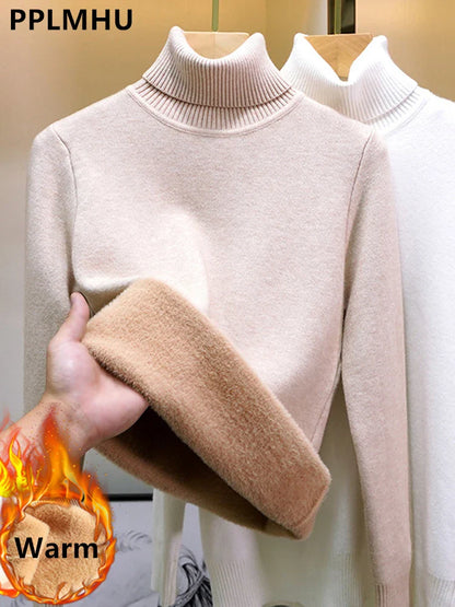 Elegant Turtleneck Winter Sweater for Women - Thick Velvet-Lined Warm Knit Pullover - Slim Fit Jersey Knitwear Jumper