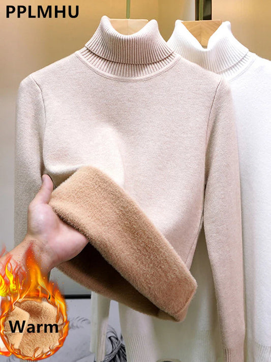 Elegant Turtleneck Winter Sweater for Women - Thick Velvet-Lined Warm Knit Pullover - Slim Fit Jersey Knitwear Jumper