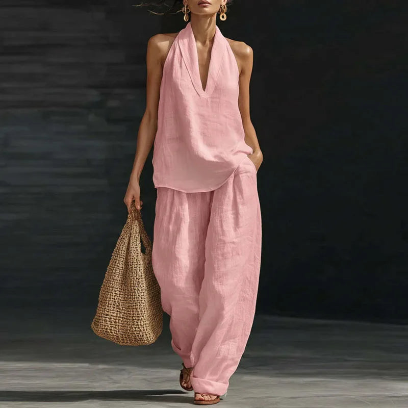 2026 Women’s Spring Retro Cotton Linen Set – Elegant V-Neck Sleeveless Top & Wide-Leg Trousers Summer Outfit