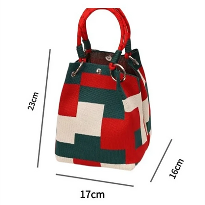 Women’s Metal Ring Bucket Handbag – Fashionable Color Block Knit Tote Bag, Spacious for Daily Commute, Leisure & Travel