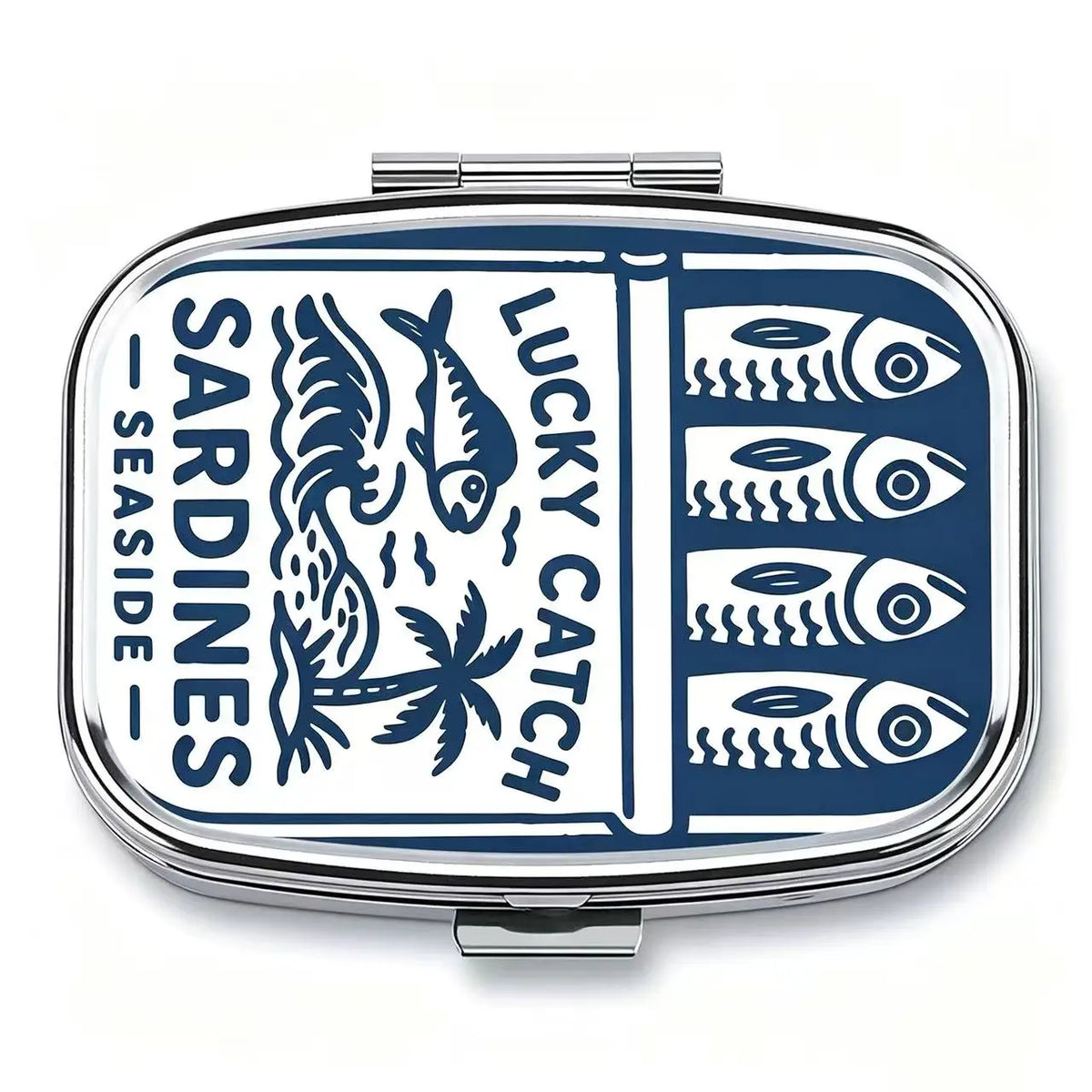 Lucky Catch Sardines Metal Pill Box - Portable 2-Compartment Travel Organizer for Pills & Vitamins