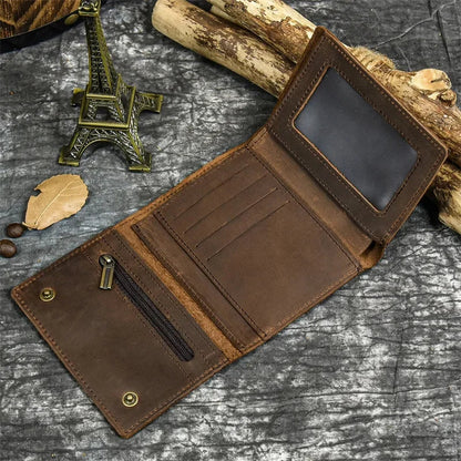 Men's Genuine Leather Short Wallet with Chain – Zipper Clutch, Trifold Purse, Card Holder & Coin Purse for Men