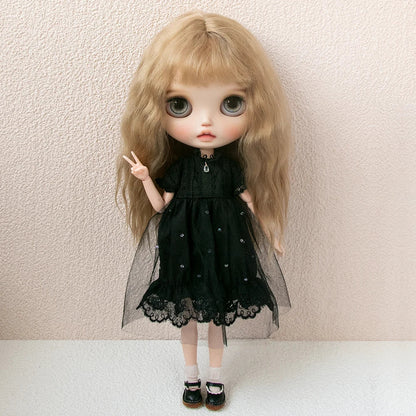 Blythe Doll Clothes Plaid Pleated Skirt & Off-Shoulder Top Tulle Dress Set — Ruffle Skirt for Licca, Azone, OB22, YMY Doll Accessories