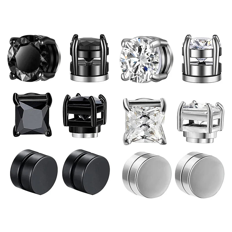 Crystal Strong Magnetic Ear Stud Clip Earrings - Punk Round Zircon Non-Piercing Earrings for Men & Women