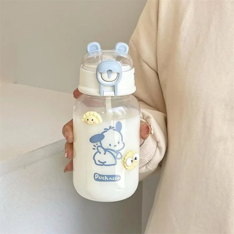 Sanrio Anime Transparent Straw Cup – Hello Kitty & Pochacco 500ML Plastic Water Cup with Handle for Students