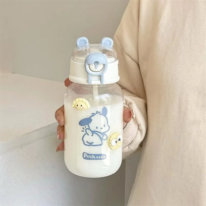 Sanrio Anime Transparent Straw Cup – Hello Kitty & Pochacco 500ML Plastic Water Cup with Handle for Students
