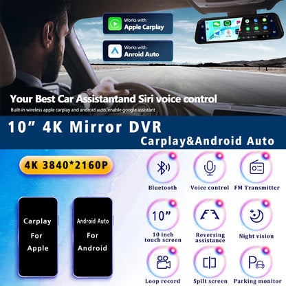 10" 4K Dash Cam Car DVR – 3840x2160P, CarPlay, Android Auto, GPS, 5G WiFi, AUX, Rearview Mirror Dash Camera, FM Recorder