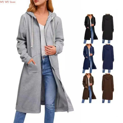 Women's Loose Fit Hooded Coat - Full Zip Long Sleeve Cotton Jacket with Pockets