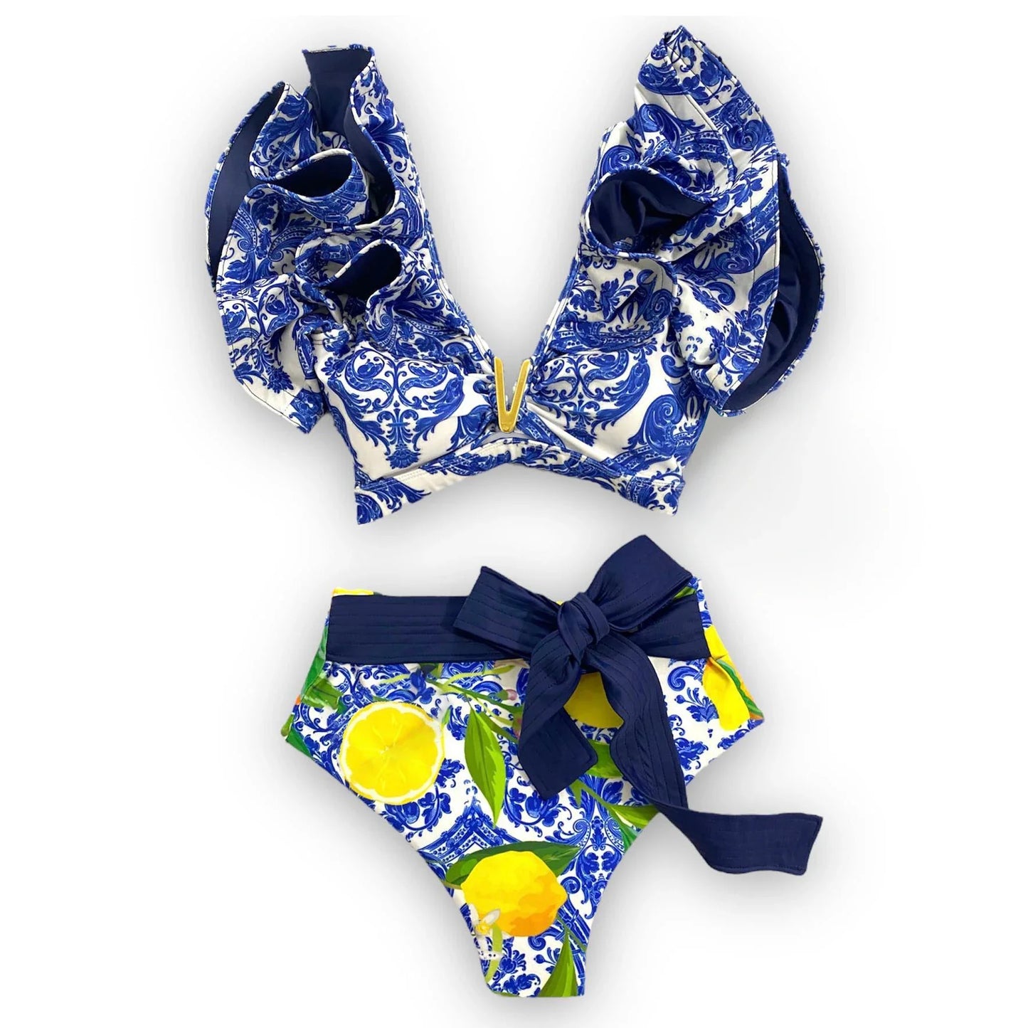 Sporlike V-Neck Ruffled Bikini Set – High Waist Sexy Printed Two-Piece Swimsuit for Women 2025