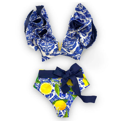 Sporlike V-Neck Ruffled Bikini Set – High Waist Sexy Printed Two-Piece Swimsuit for Women 2025