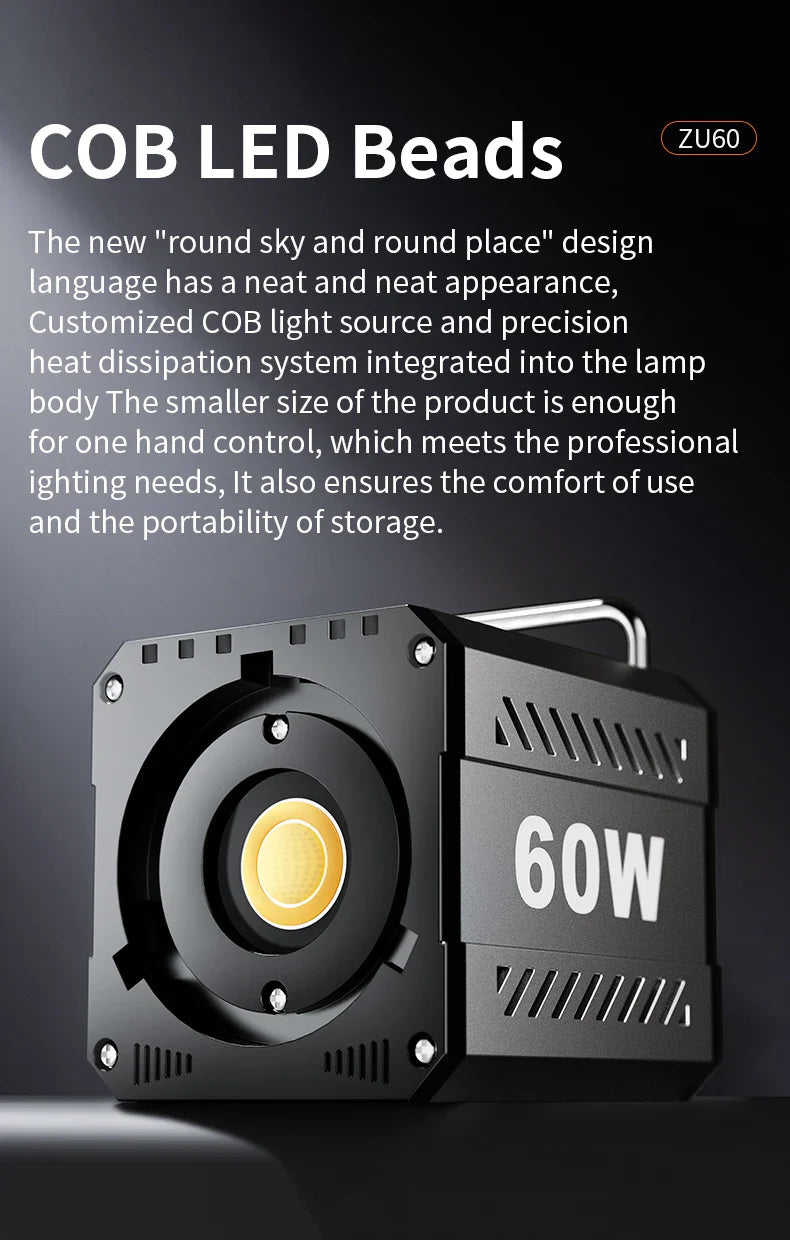 60W COB Video Light - CRI≥90, TLCI≥97, Dual Color Temperature 2700K-6500K, Portable Mini Bowens Live Lighting