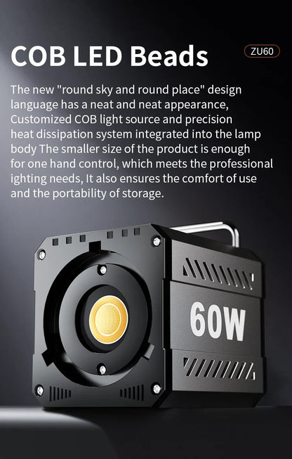 60W COB Video Light - CRI≥90, TLCI≥97, Dual Color Temperature 2700K-6500K, Portable Mini Bowens Live Lighting