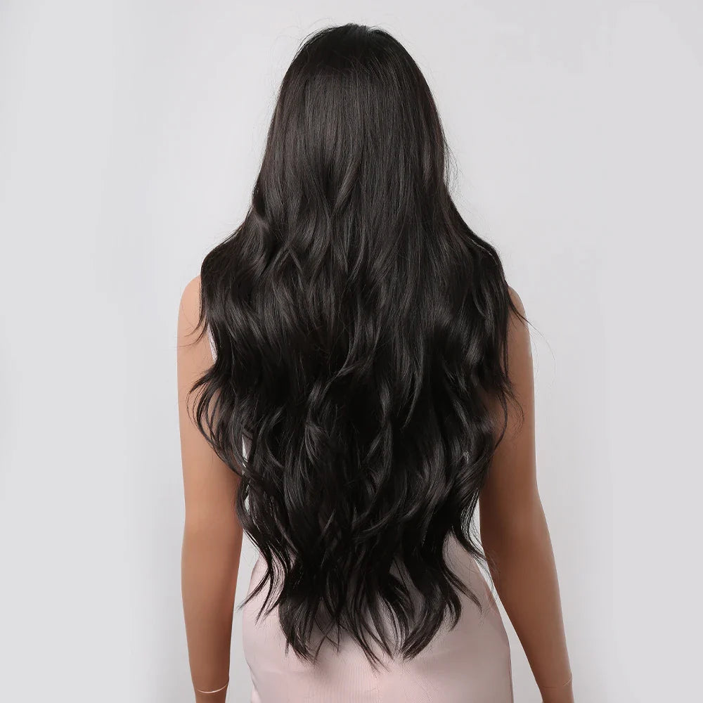 ALAN EATON Black Long Wavy Synthetic Wig – Natural Afro Hair, Middle Part, Heat-Resistant Fiber for Daily Use