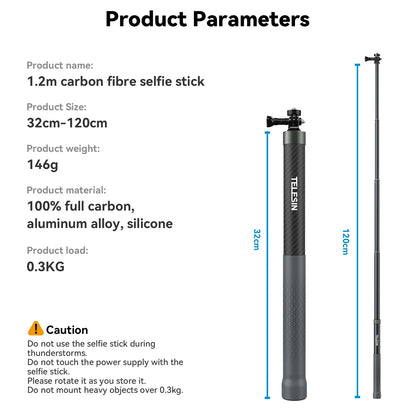 TELESIN 1.2M/3M Carbon Fiber Selfie Stick Monopod - Extendable with 1/4'' Screw for GoPro, Insta360, Osmo Action, DJI Action Camera