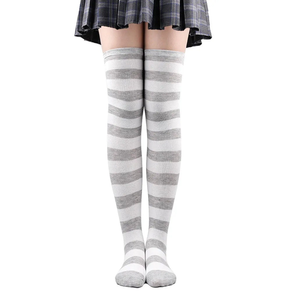 Color Striped Japanese Over-Knee Socks – Fashionable Slim Fit Black & White Stockings for Women