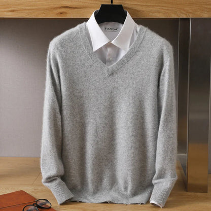 Men’s 100% Pure Mink Cashmere Sweater – V-Neck Knit Pullover, Long Sleeve Winter Jumper, Large Size High-End Top