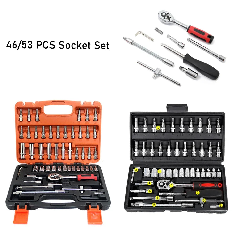 NEW Car Repair Tool Kit – 46/53 Piece Socket Set with 1/4-Inch Ratchet, Torque Wrench, and Combo Auto Repair Tools