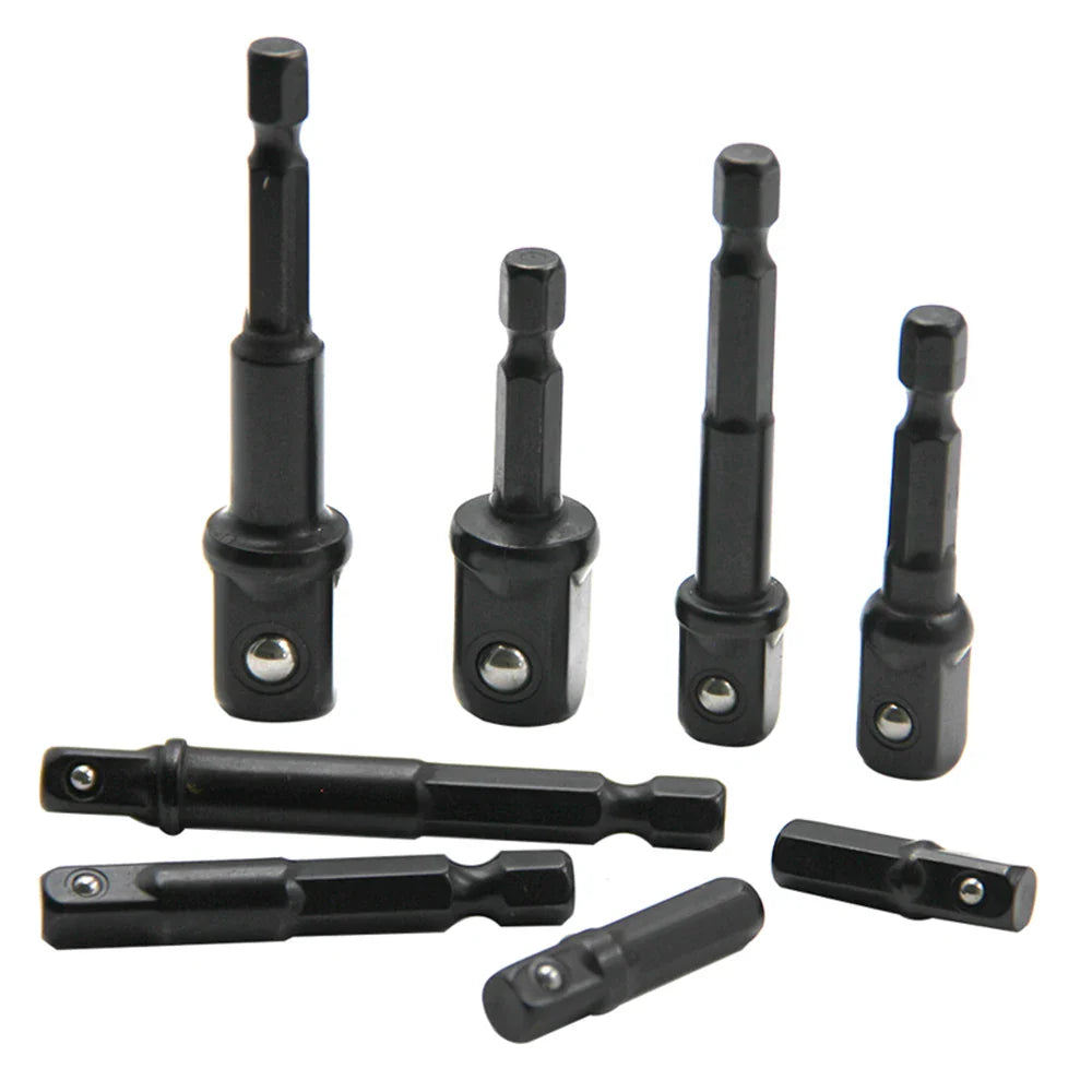 8pc Electric Screwdriver Adapter Set – 1/2'' Hex, 3/8'' Square, 1/4'' Extension Rod Tool Accessories