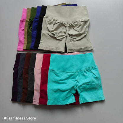 Summer High Waisted Yoga Shorts - Seamless Tummy Control Fitness Running Shorts with Solid Color Stretch Leggings Style