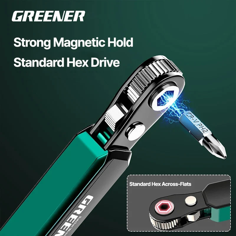 GREENER 36T Mini Right-Angle Ratchet Wrench - 1/4" Hex Drive Quick-Release Tool for Tight Spaces