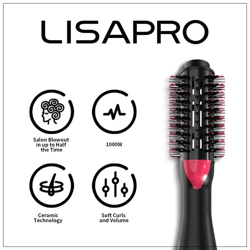 LISAPRO 3-in-1 Hot Air Brush - Professional Hair Dryer, Volumizer & Styling Brush With 1000W One-Step Blow Drying