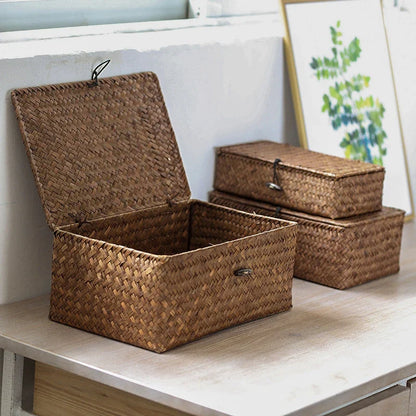 Hand-Woven Seaweed Storage Basket with Lid - Multi-Purpose Sundries Organizer, Cosmetic, Toy, and Clothes Container