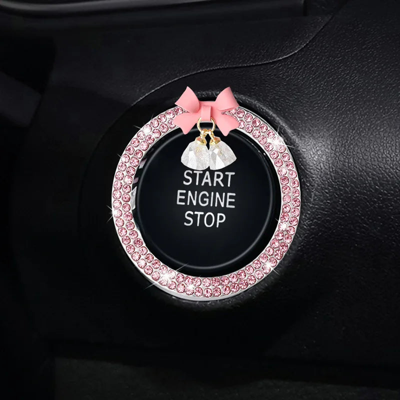 Rhinestone Bow Car Start Button Trim - Sparkling Diamond Decorative Ring Protective Cover for Auto Accessories