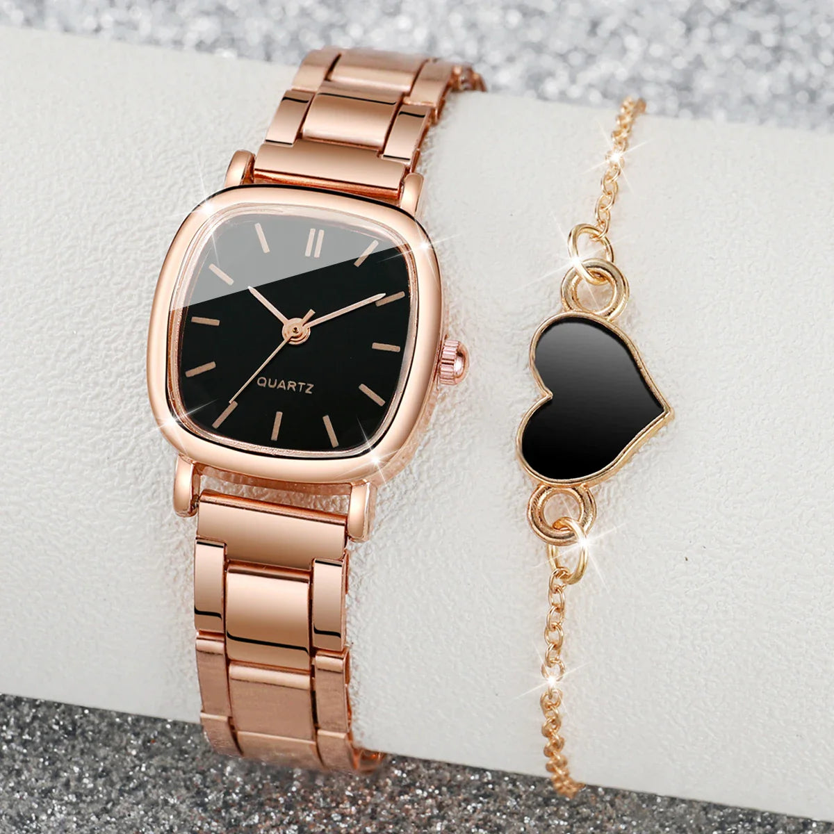 2PCS Women's Watch Set – Fashion Square Stainless Steel Band Quartz Watches with Heart Bracelet