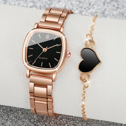 2PCS Women's Watch Set – Fashion Square Stainless Steel Band Quartz Watches with Heart Bracelet